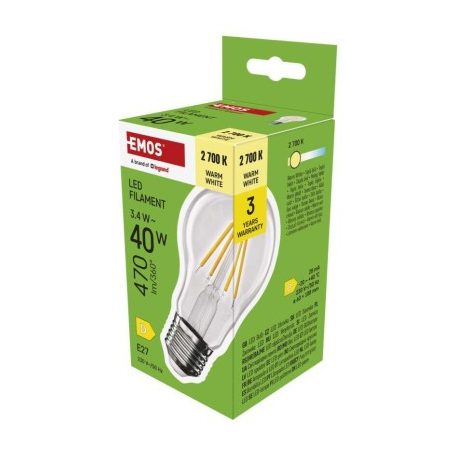 LED izzó Filament A60 / E27 / 3,4 W (40 W) / 470 lm / Meleg fehér