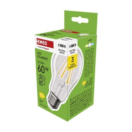 LED izzó Filament A60 / E27 / 5,9 W (60 W) / 806 lm / Természetes fehér