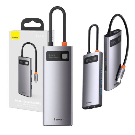 Baseus Metal Gleam Series 6 az 1-ben hub, USB-C - 3x USB 3.0 + HDMI + USB-C PD + Ethernet RJ45 (szürke)