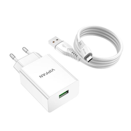 VFAN E03 fali töltő, 1x USB, 18W, QC 3.0 + Micro USB kábel (fehér)