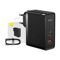   Baseus GaN USB-C + USB fali töltő, 100W + 1m kábel (fekete)