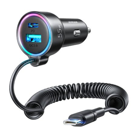 Car charger Joyroom JR-CL07, 3-in-1, 1x USB + 1x PD, 55W + Type-C cable (black)