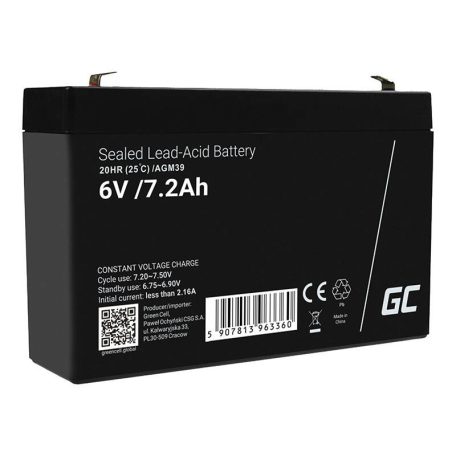 Maintenance-free AGM VRLA Battery Green Cell AGM39 6V 7.2Ah (for alarm system, cash register, toy)