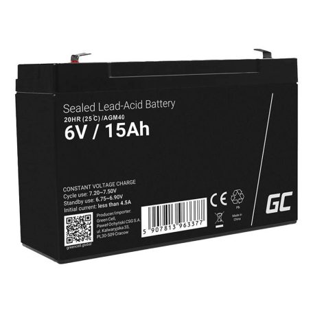 Maintenance-free AGM VRLA Battery Green Cell AGM40 6V 15Ah (for alarm system, cash register, toy)