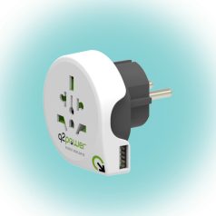   Q2POWER 1.100110 utazóadapter, World to Europe USB, bemeneti feszültség: 100-250 V, 16 A, teljesítmény: 100V-1600W/250V-4000W, USB port