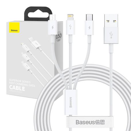 Baseus Superior Series 3 az 1-ben USB-kábel, USB-mikro-USB / USB-C / Lightning, 3,5 A, 1,2 m (fehér)